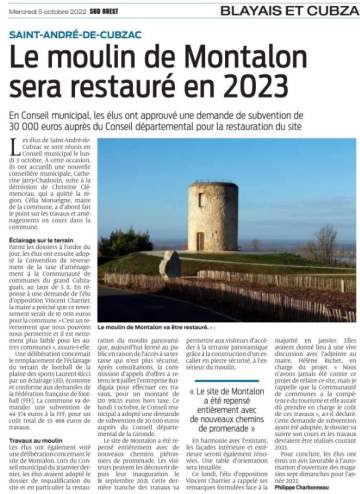 Article du Sud-Ouest sur notre prochain chantier au Moulin de Montalon